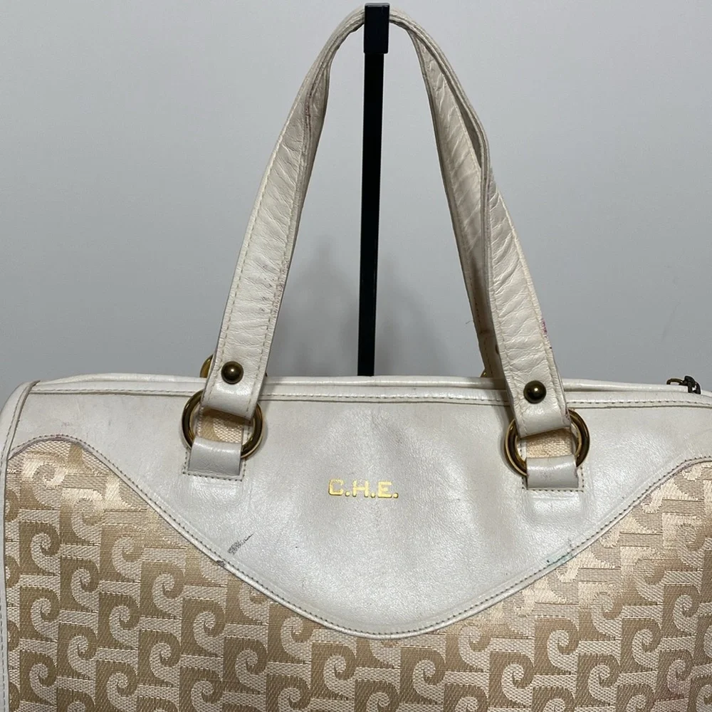 Vintage Pierre Cardin 1970’s Monogram Canvas and Leather Satchel Purse in Ivory
